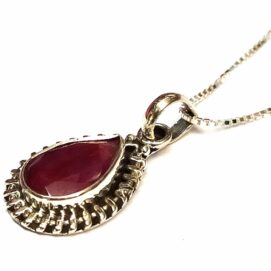 Ασημένιο 925 κολιέ με πέτρα ρουμπίνι και ασημένια αλυσίδα